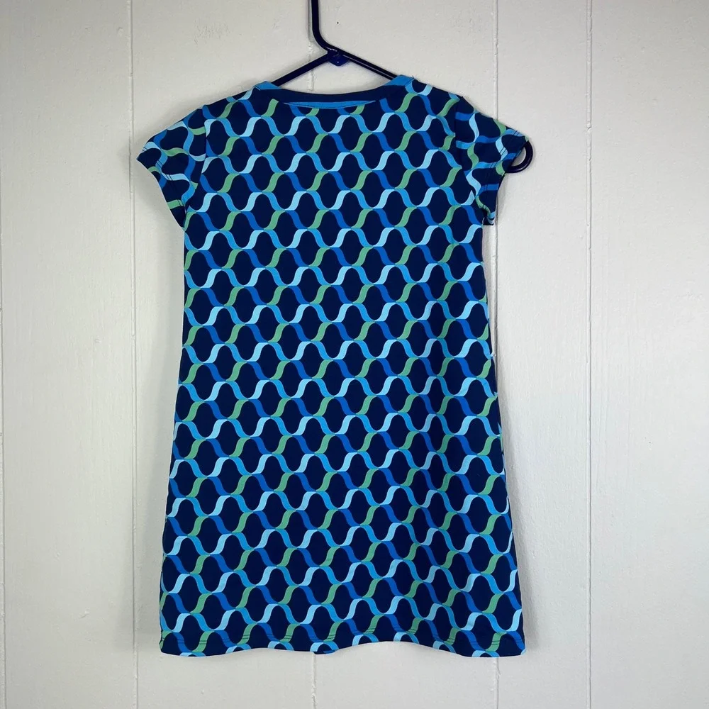JMclaughlin Girls Dress Size 7 Blue Green Wave Print Short Sleeve Casual‎